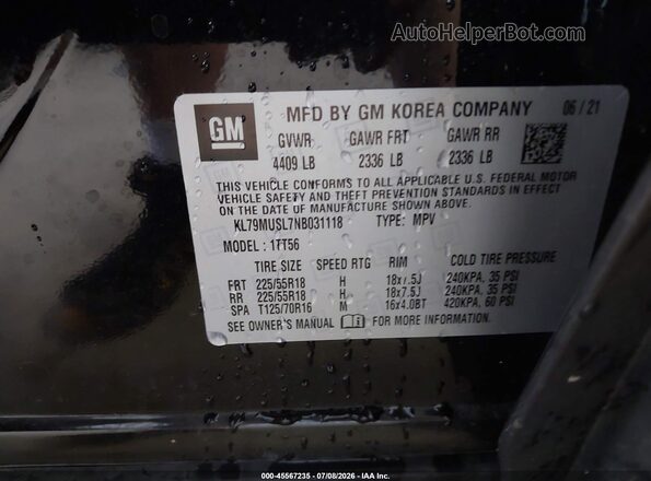KL79MUSL7NB031118 2022 CHEVROLET TRAILBLAZER Black Вид підкапотного простору
