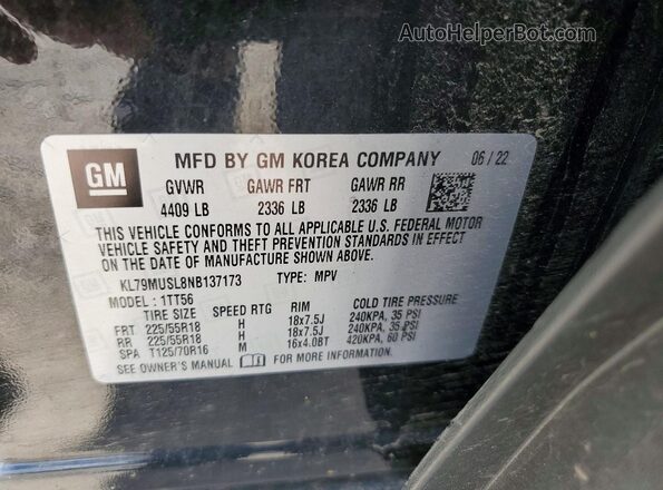 KL79MUSL8NB137173 2022 CHEVROLET TRAILBLAZER Black VIN sticker view
