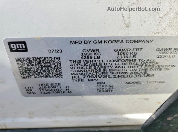 KL79MVSL1RB039386 2024 CHEVROLET TRAILBLAZER White VIN sticker view