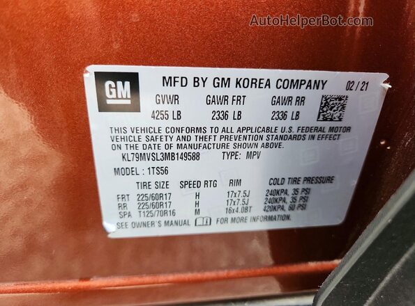 KL79MVSL3MB149588 2021 CHEVROLET TRAILBLAZER Orange Вид наклейки з VIN-кодом