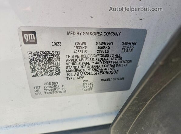 KL79MVSL5RB080202 2024 CHEVROLET TRAILBLAZER Белый Вид наклейки с VIN-кодом