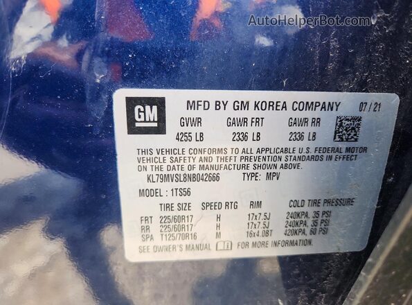 KL79MVSL8NB042666 2022 CHEVROLET TRAILBLAZER Blue Engine compartment view