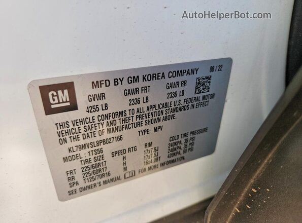 KL79MVSL8PB027166 2023 CHEVROLET TRAILBLAZER White VIN კოდის სტიკერის ხედი