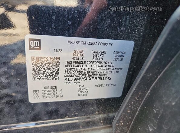 KL79MVSLXPB081343 2023 CHEVROLET TRAILBLAZER Black Widok naklejki z numerem VIN