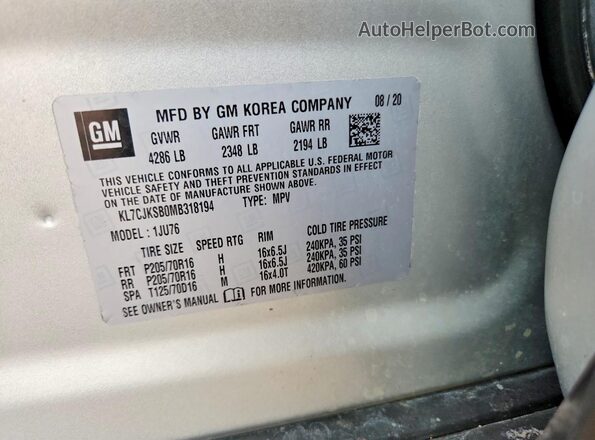 KL7CJKSB0MB318194 2021 CHEVROLET TRAX Серебряный Вид подкапотного пространства