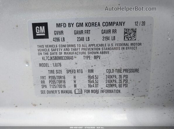 KL7CJKSB0MB339840 2021 CHEVROLET TRAX Silver Widok komory silnika