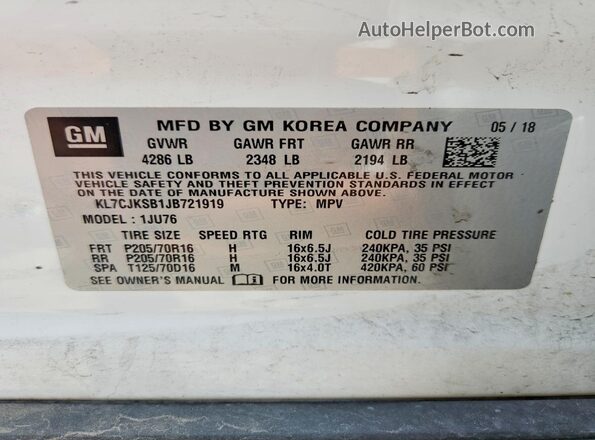 KL7CJKSB1JB721919 2018 CHEVROLET TRAX White VIN კოდის სტიკერის ხედი