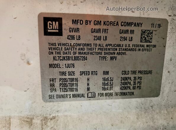 KL7CJKSB1LB057284 2020 CHEVROLET TRAX White VIN sticker view