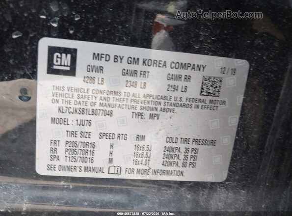 KL7CJKSB1LB077048 2020 CHEVROLET TRAX Black Вид підкапотного простору