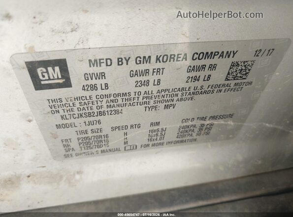KL7CJKSB2JB612384 2018 CHEVROLET TRAX Silver Շարժիչի բաժամունքի տեսք
