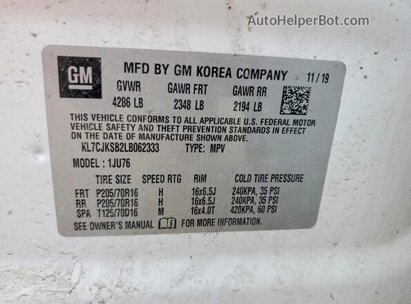 KL7CJKSB2LB062333 2020 CHEVROLET TRAX White Вид наклейки з VIN-кодом
