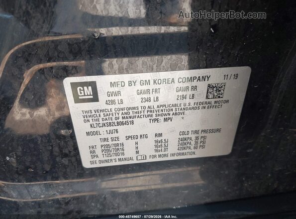 KL7CJKSB2LB064518 2020 CHEVROLET TRAX Black Вид підкапотного простору