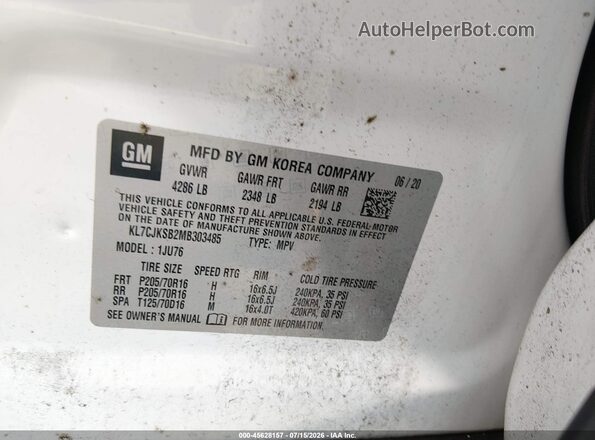 KL7CJKSB2MB303485 2021 CHEVROLET TRAX White Widok komory silnika