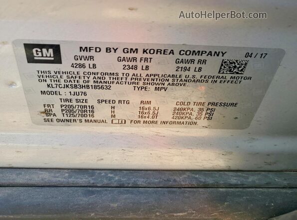 KL7CJKSB3HB185632 2017 CHEVROLET TRAX Silver VIN კოდის სტიკერის ხედი