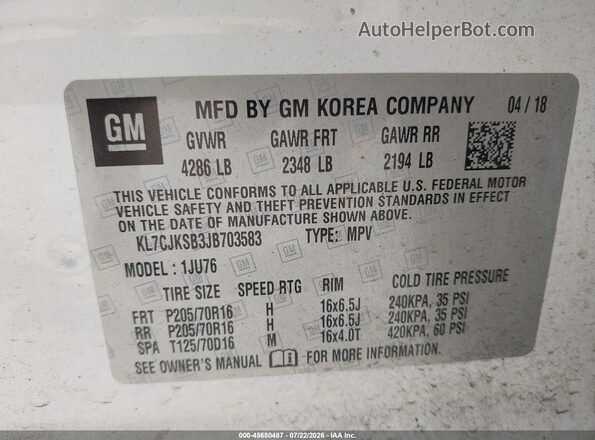 KL7CJKSB3JB703583 2018 CHEVROLET TRAX Белый Вид подкапотного пространства