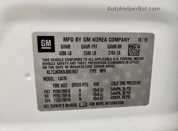 KL7CJKSB3LB051857 2020 CHEVROLET TRAX White VIN კოდის სტიკერის ხედი