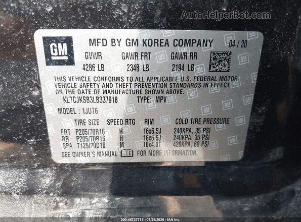 KL7CJKSB3LB337918 2020 CHEVROLET TRAX Черный Вид подкапотного пространства