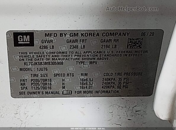 KL7CJKSB3MB305908 2021 CHEVROLET TRAX White ძრავის განყოფილების ხედი