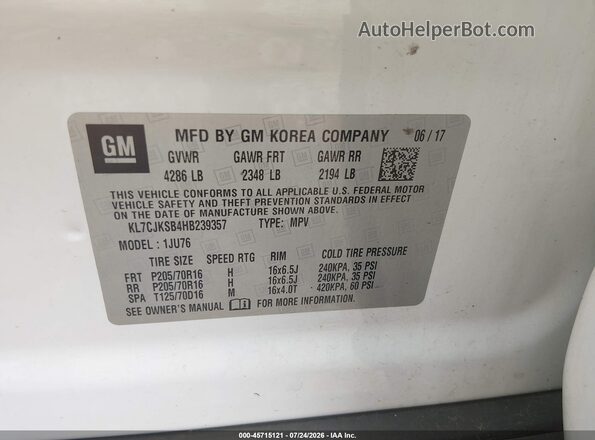 KL7CJKSB4HB239357 2017 CHEVROLET TRAX White ძრავის განყოფილების ხედი