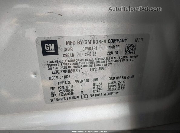 KL7CJKSB4JB608272 2018 CHEVROLET TRAX Серебряный Вид подкапотного пространства