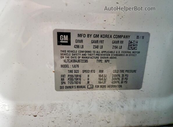 KL7CJKSB4JB722305 2018 CHEVROLET TRAX White Вид наклейки з VIN-кодом