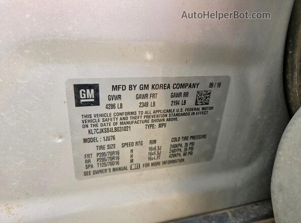 KL7CJKSB4LB031021 2020 CHEVROLET TRAX Silver Vista de la etiqueta del VIN