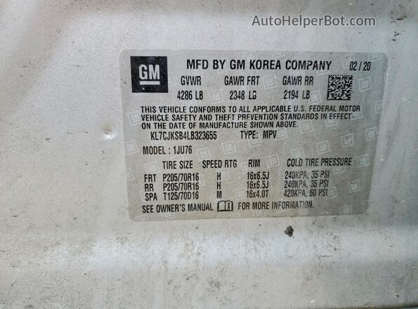 KL7CJKSB4LB323655 2020 CHEVROLET TRAX Серебряный Вид наклейки с VIN-кодом