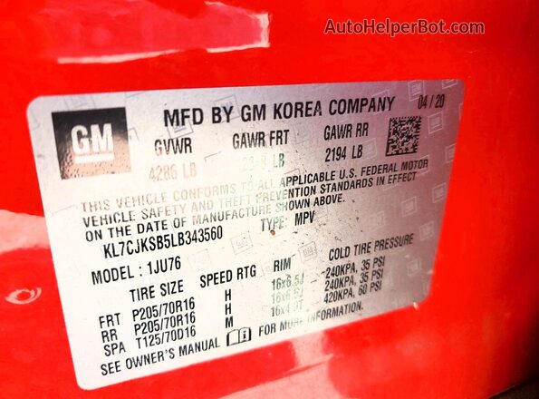 KL7CJKSB5LB343560 2020 CHEVROLET TRAX Red VIN კოდის სტიკერის ხედი