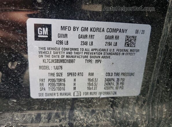 KL7CJKSB5MB318997 2021 CHEVROLET TRAX Черный Вид наклейки с VIN-кодом