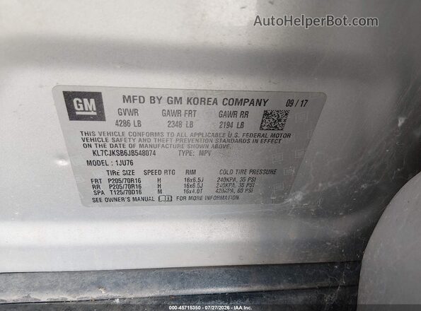 KL7CJKSB6JB548074 2018 CHEVROLET TRAX Серебряный Вид подкапотного пространства