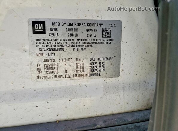 KL7CJKSB6JB608192 2018 CHEVROLET TRAX White VIN კოდის სტიკერის ხედი