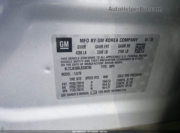 KL7CJKSB6LB338786 2020 CHEVROLET TRAX Silver Widok komory silnika
