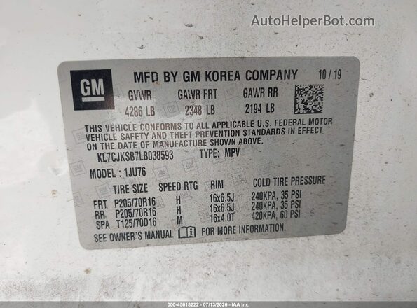 KL7CJKSB7LB038593 2020 CHEVROLET TRAX Белый Вид подкапотного пространства