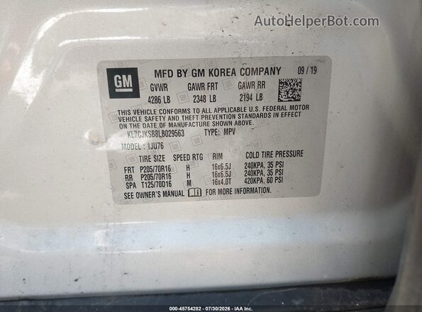 KL7CJKSB8LB029563 2020 CHEVROLET TRAX Silver ძრავის განყოფილების ხედი