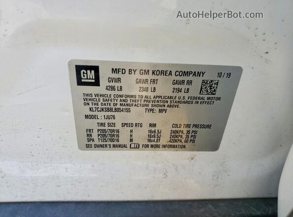 KL7CJKSB8LB054155 2020 CHEVROLET TRAX White VIN կոդի պիտակի տեսք
