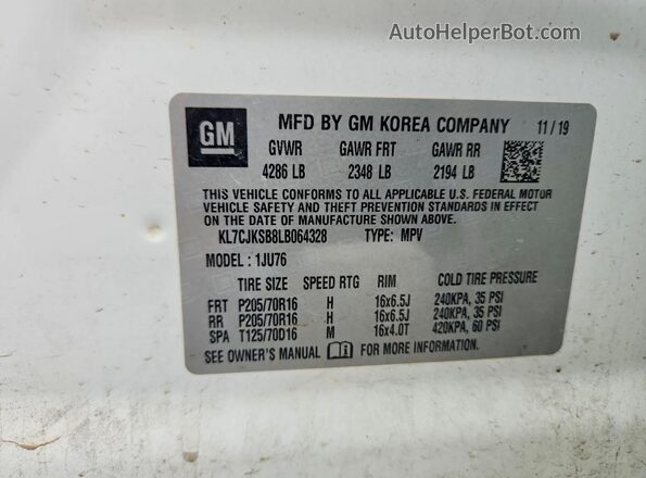 KL7CJKSB8LB064328 2020 CHEVROLET TRAX Белый Вид подкапотного пространства