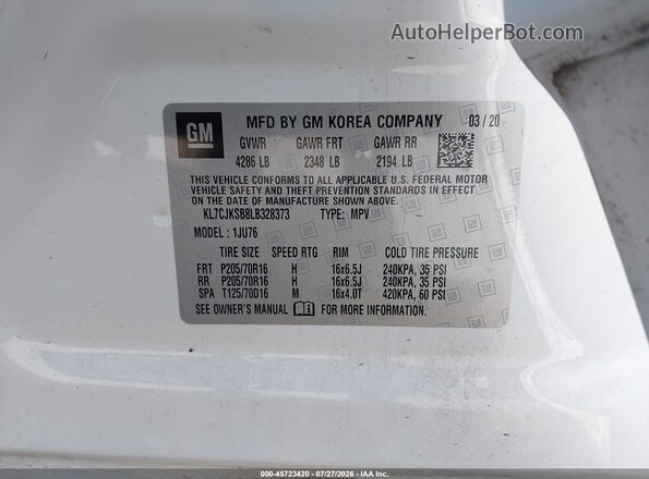 KL7CJKSB8LB328373 2020 CHEVROLET TRAX White ძრავის განყოფილების ხედი