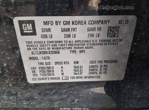 KL7CJKSB9LB328656 2020 CHEVROLET TRAX Черный Вид подкапотного пространства