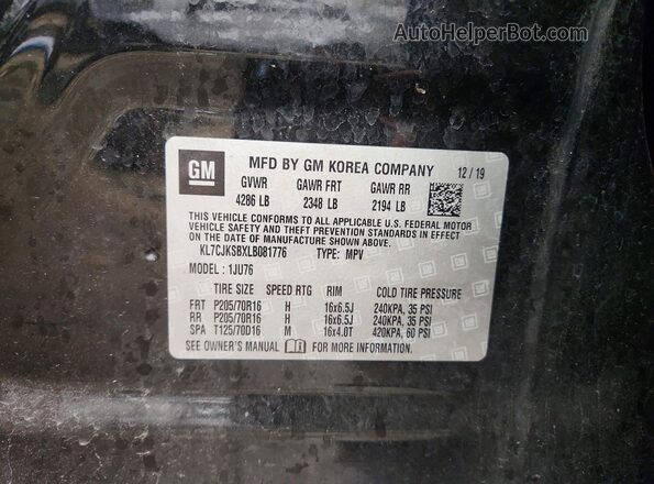 KL7CJKSBXLB081776 2020 CHEVROLET TRAX Black Widok naklejki z numerem VIN