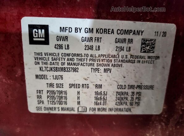 KL7CJKSBXMB337982 2021 CHEVROLET TRAX Burgundy Vista del compartimento del motor