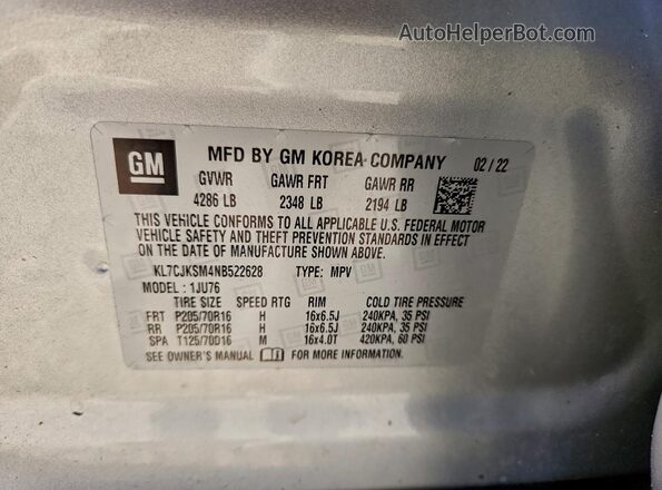 KL7CJKSM4NB522628 2022 CHEVROLET TRAX Silver Vista interior de 360 grados