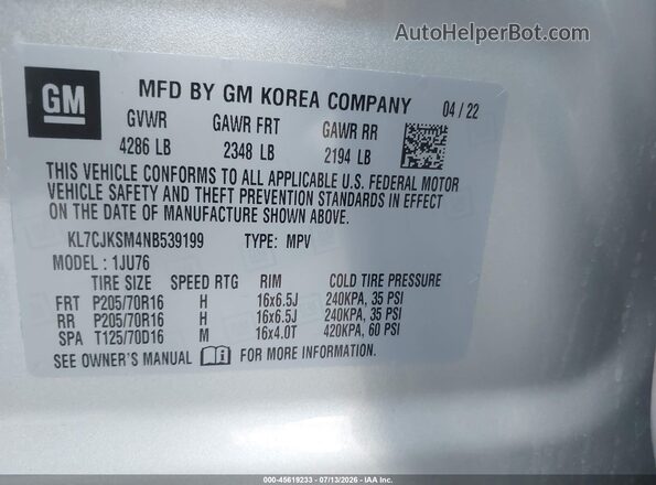 KL7CJKSM4NB539199 2022 CHEVROLET TRAX Silver Вид підкапотного простору