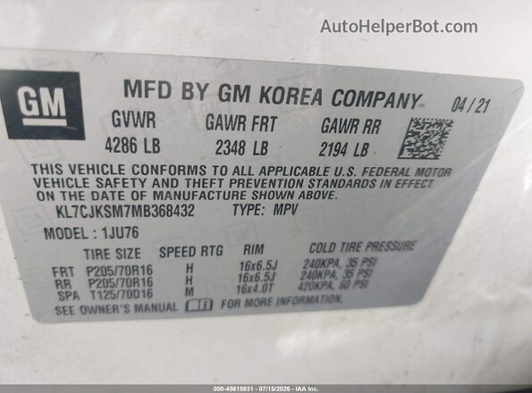 KL7CJKSM7MB368432 2021 CHEVROLET TRAX White ძრავის განყოფილების ხედი