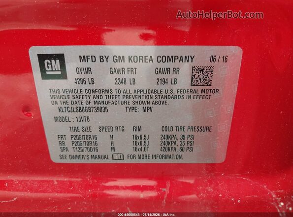 KL7CJLSB0GB739035 2016 CHEVROLET TRAX Red Widok komory silnika