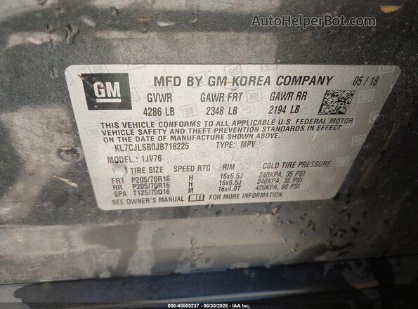 KL7CJLSB0JB718225 2018 CHEVROLET TRAX Gray Вид підкапотного простору