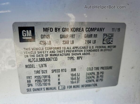 KL7CJLSB0LB067133 2020 CHEVROLET TRAX White Vista de la etiqueta del VIN