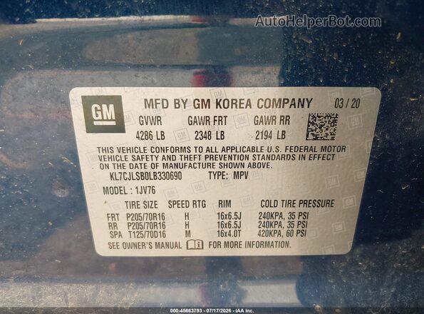 KL7CJLSB0LB330690 2020 CHEVROLET TRAX Blue ძრავის განყოფილების ხედი