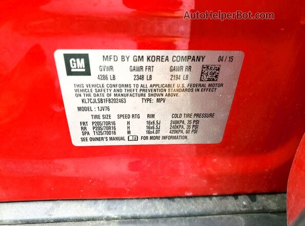 KL7CJLSB1FB202463 2015 CHEVROLET TRAX Red Շարժիչի բաժամունքի տեսք