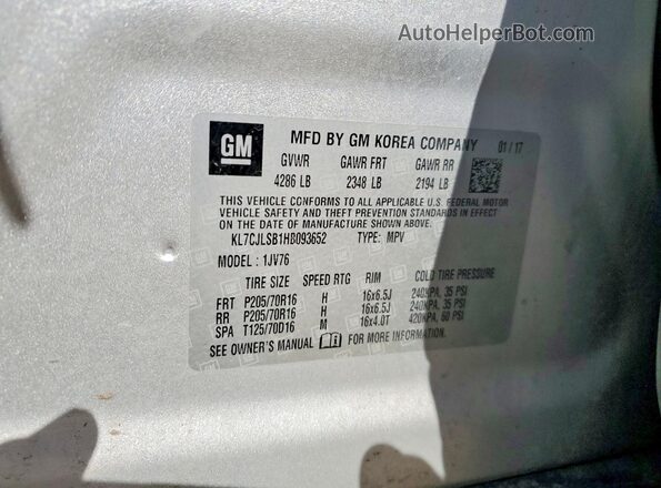 KL7CJLSB1HB093652 2017 CHEVROLET TRAX Серебряный Вид наклейки с VIN-кодом