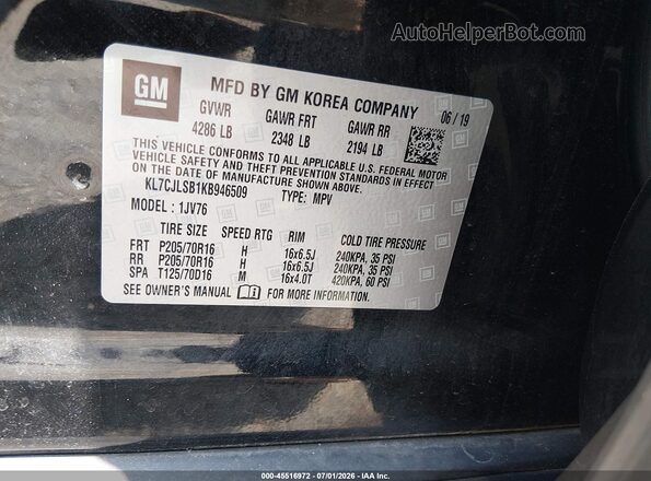 KL7CJLSB1KB946509 2019 CHEVROLET TRAX Black Widok komory silnika